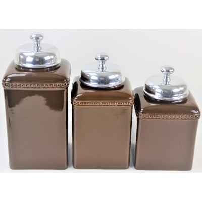 60003-BROWN 3PC. CERAMIC LARGE CANISTER SET WITH LIDS